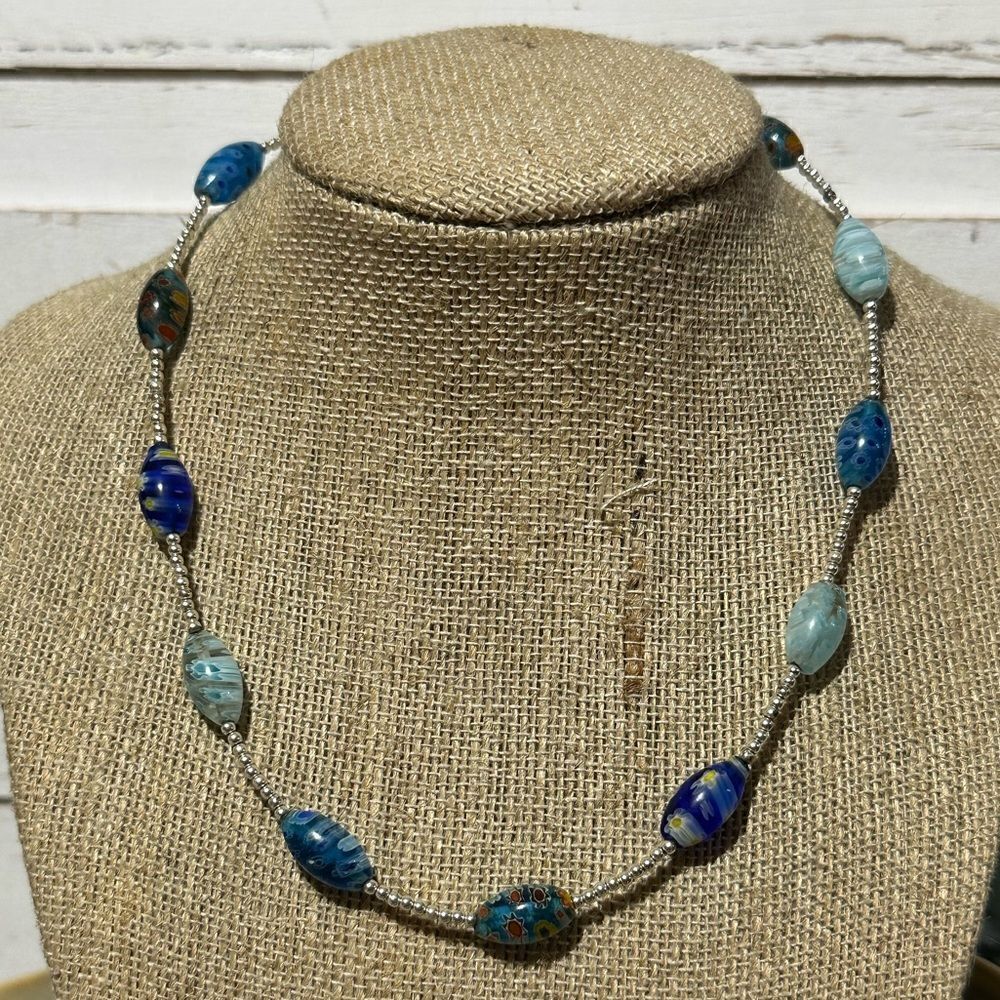 Handcrafted 14” 925 Silver Necklace with Millefiori Beads